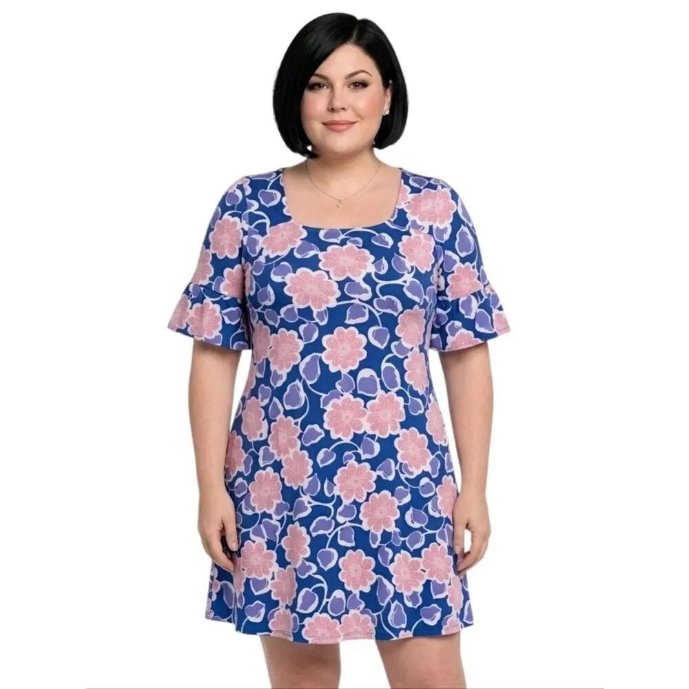 Ruby Rd Favorites Blue Floral Patterned Square Neck Ruffle Sleeve Dress Size 1X